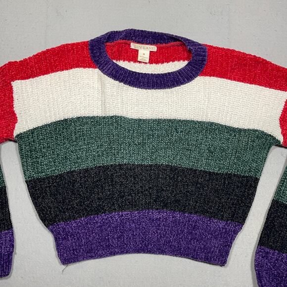 Luv Lane Striped Sweater Medium Red White Green Black Purple Pullover Knit - Picture 2 of 8